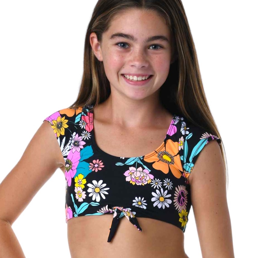 Hobie Bikini Girls 14 Peace, Love, & Daisies Cap Sleeve Black Floral - Picture 5 of 6